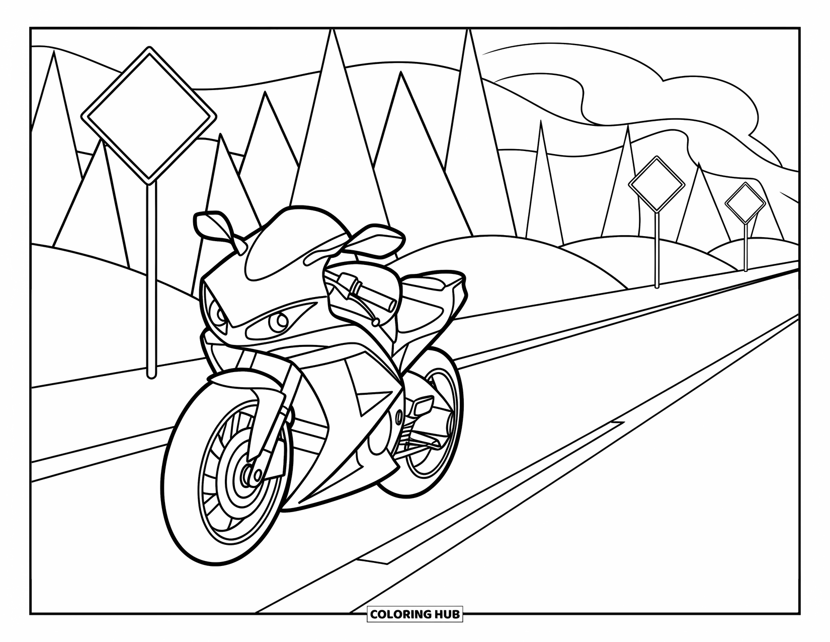 Desenho de Moto para Colorir para Crianças: Uma moto acelera ao longo de uma rodovia com colinas e placas de trânsito próximas