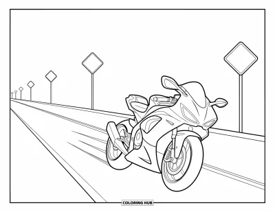 Desenho de moto para colorir para crianças: Uma motocicleta acelera para a frente com placas sinalizando a rodovia reta