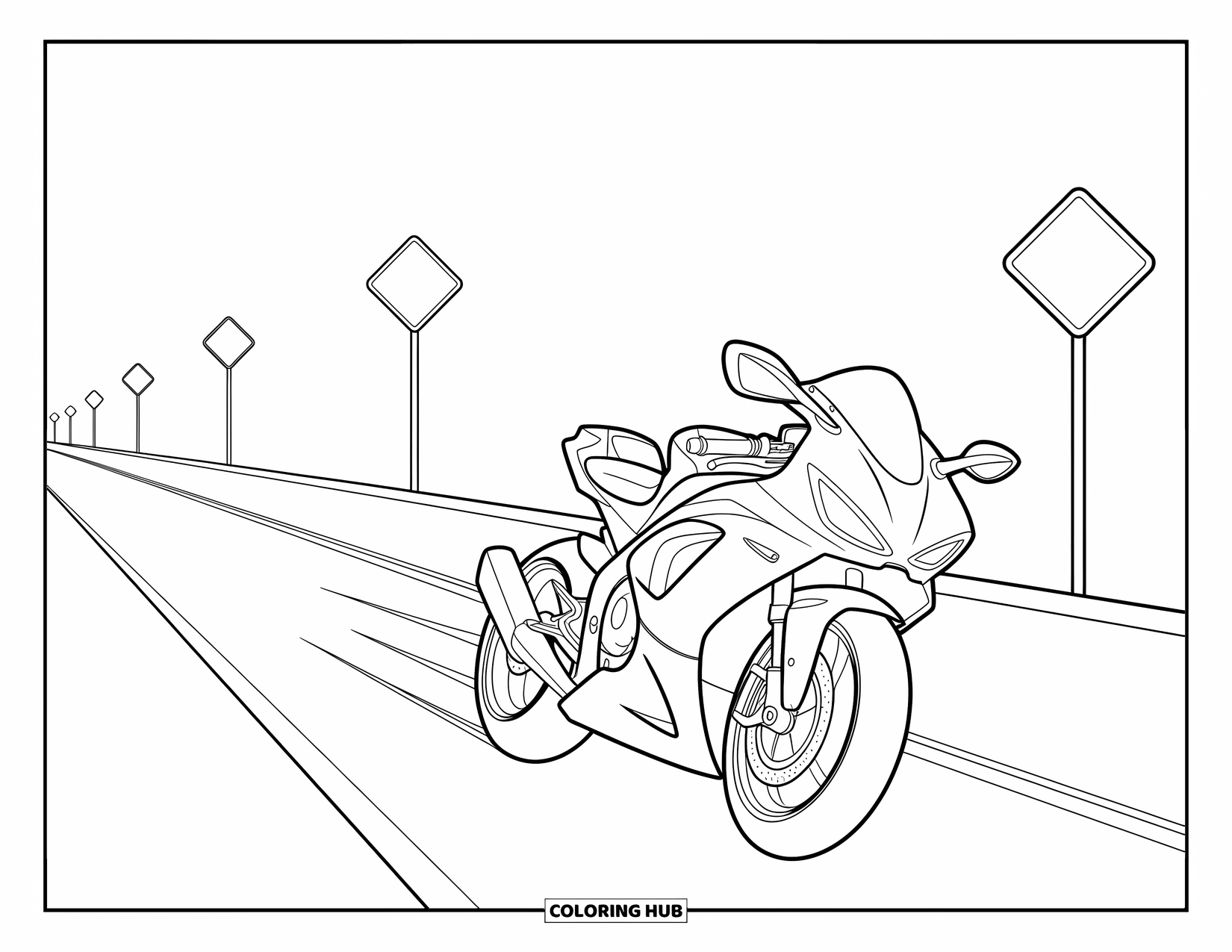 Desenho de Moto para Colorir para Crianças: Uma moto acelera para frente com placas de trânsito marcando a rodovia reta