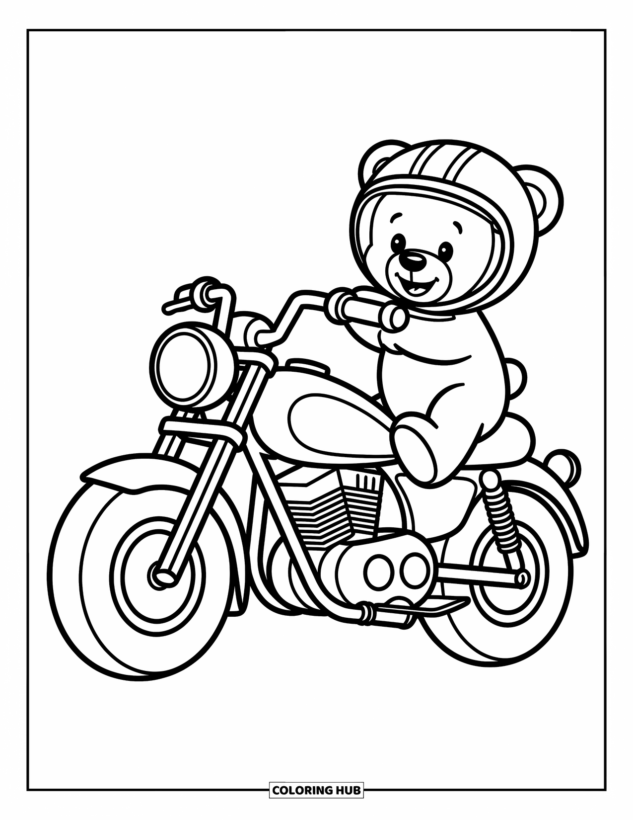 Desenho de Moto para Colorir para Crianças: Uma moto com um ursinho de pelúcia usando um capacete está feliz no assento