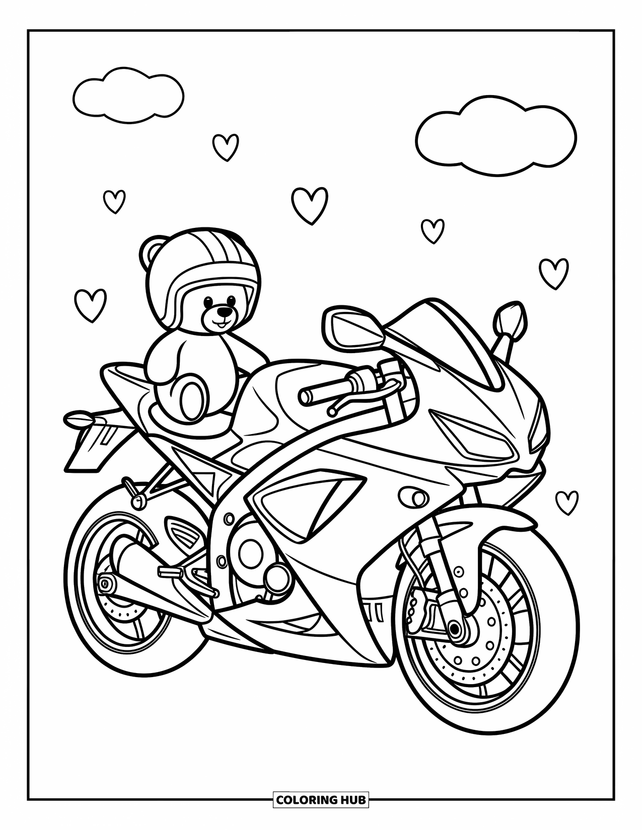 Desenho de Moto para Colorir para Crianças: Uma moto com um pequeno ursinho de pelúcia como piloto e corações ao fundo