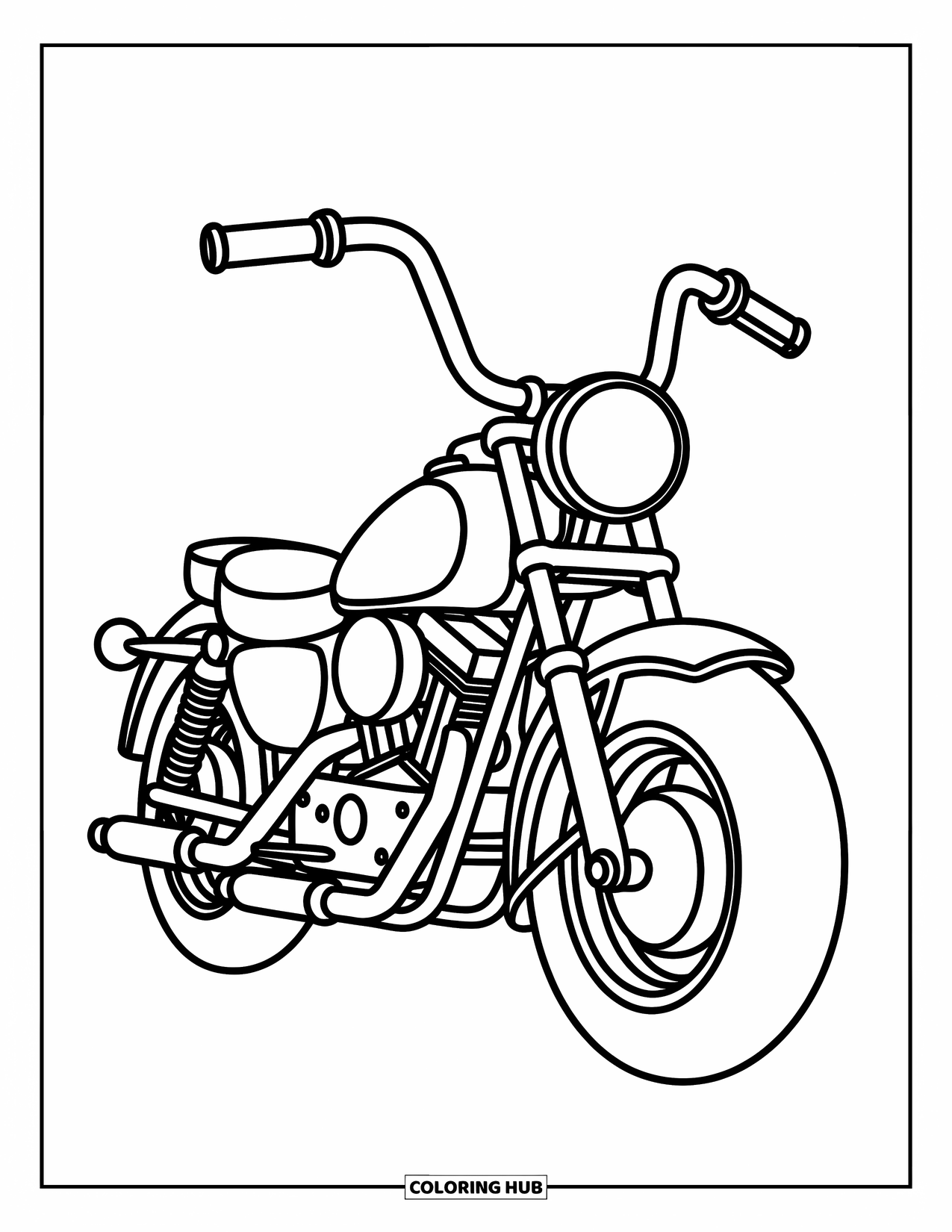Desenho de Moto para Colorir para Crianças: Uma moto com guidões grandes e um farol redondo