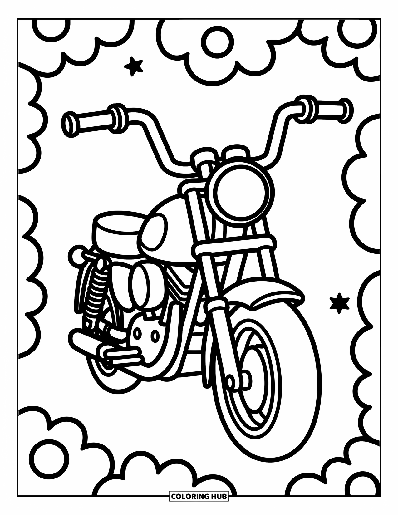 Desenho de Moto para Colorir para Crianças: Uma moto com guidões grandes e nuvens divertidas ao redor
