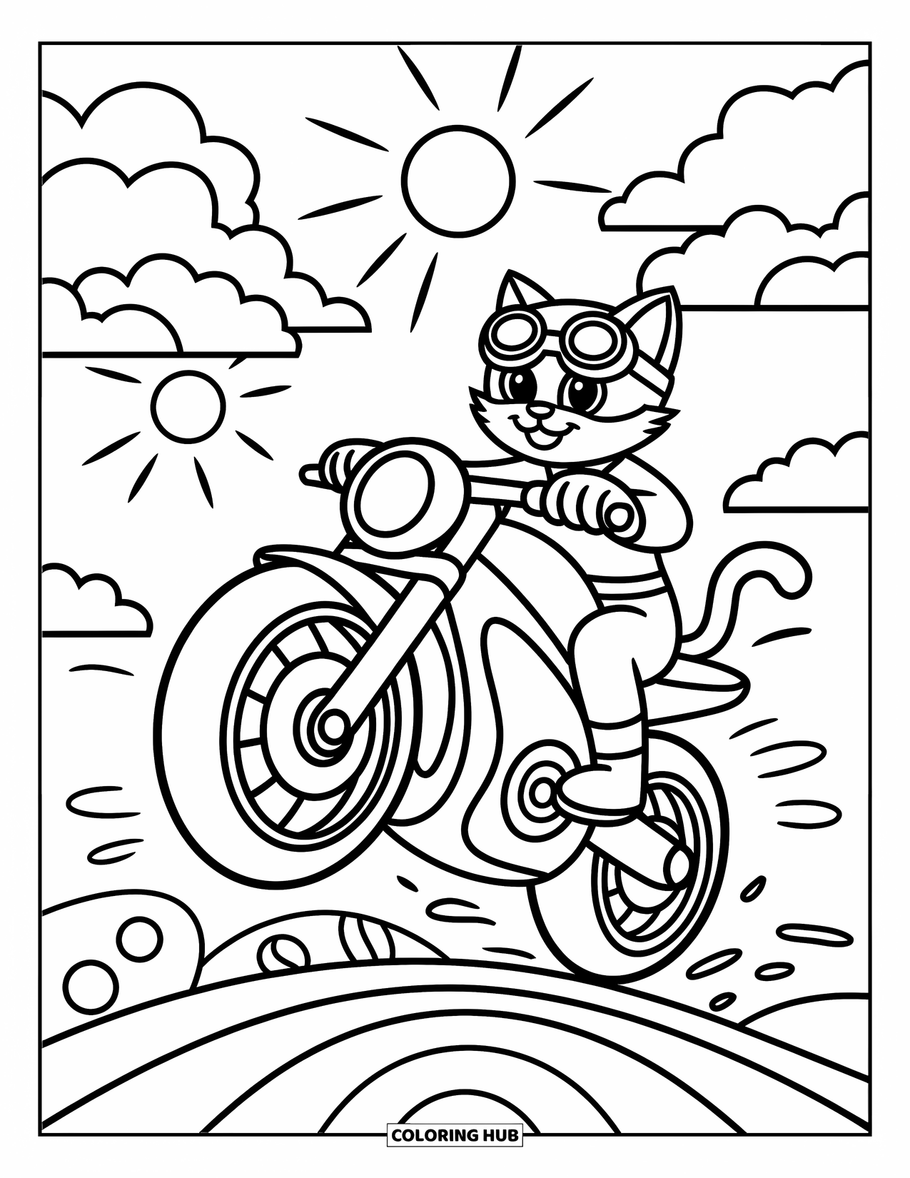 Desenho de Moto para Colorir para Crianças: Uma moto passa por uma colina com um gato como piloto e nuvens divertidas ao redor