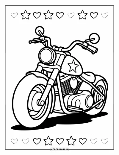 Desenho de moto para colorir para crianças: Uma motocicleta brincalhona com estampa de estrela mostra formas amigáveis e guidão sorridente