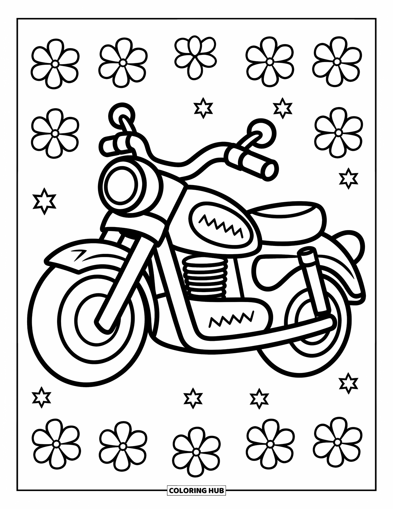 Desenho de Moto para Colorir para Crianças: Uma moto divertida com linhas em zigue-zague está entre flores e estrelas