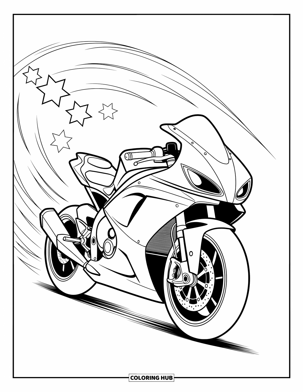 Desenho de Moto para Colorir para Crianças: Uma moto poderosa está cercada por linhas de velocidade girando e estrelas divertidas