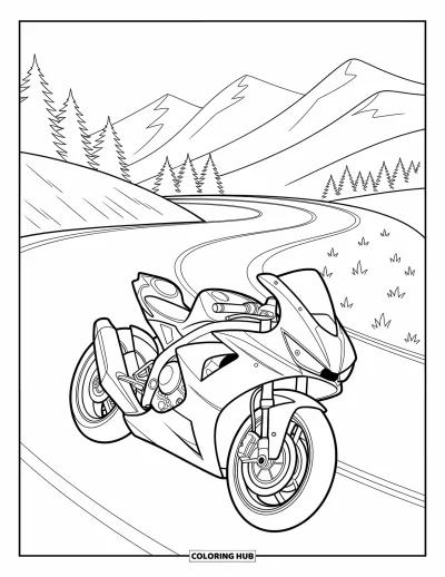 Desenho de moto para colorir para crianças: Uma motocicleta de corrida desliza por uma estrada de montanha sinuosa com árvores altas por perto