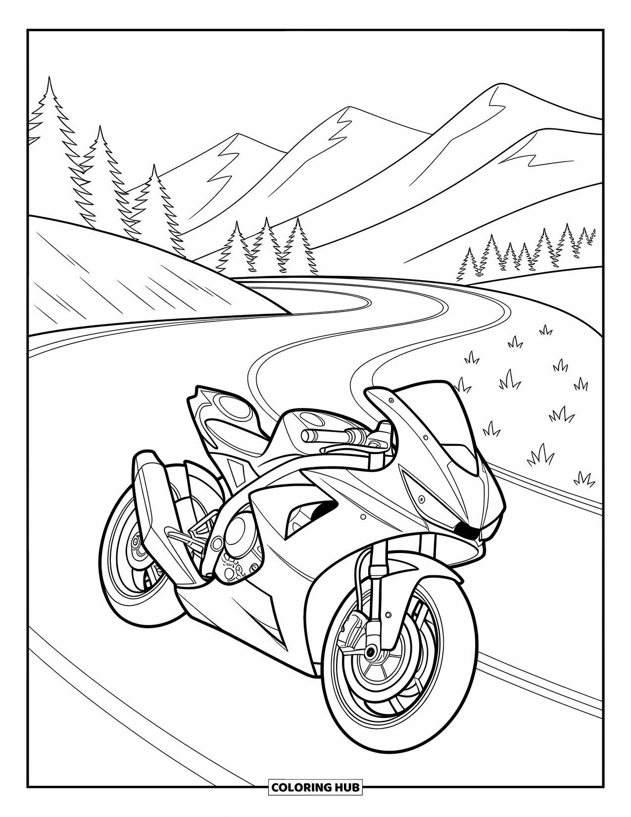 Desenho de Moto para Colorir para Crianças: Uma moto de corrida desliza ao longo de uma estrada montanhosa sinuosa com árvores altas próximas