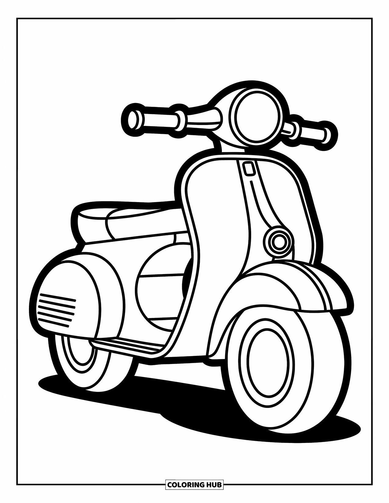 Desenho de Moto para Colorir para Crianças: Uma moto scooter com pneus grandes e curvas suaves convida à diversão criativa
