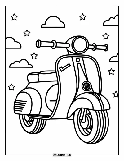 Desenho de moto para colorir para crianças: Uma motocicleta estilo scooter com linhas largas e estrelas ao redor traz um clima alegre e brincalhão