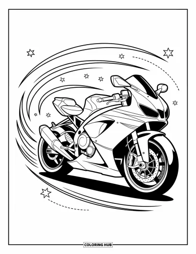 Desenho de moto para colorir para crianças: Uma motocicleta de linhas marcantes com rastros de velocidade em espiral e estrelas criando movimento e emoção