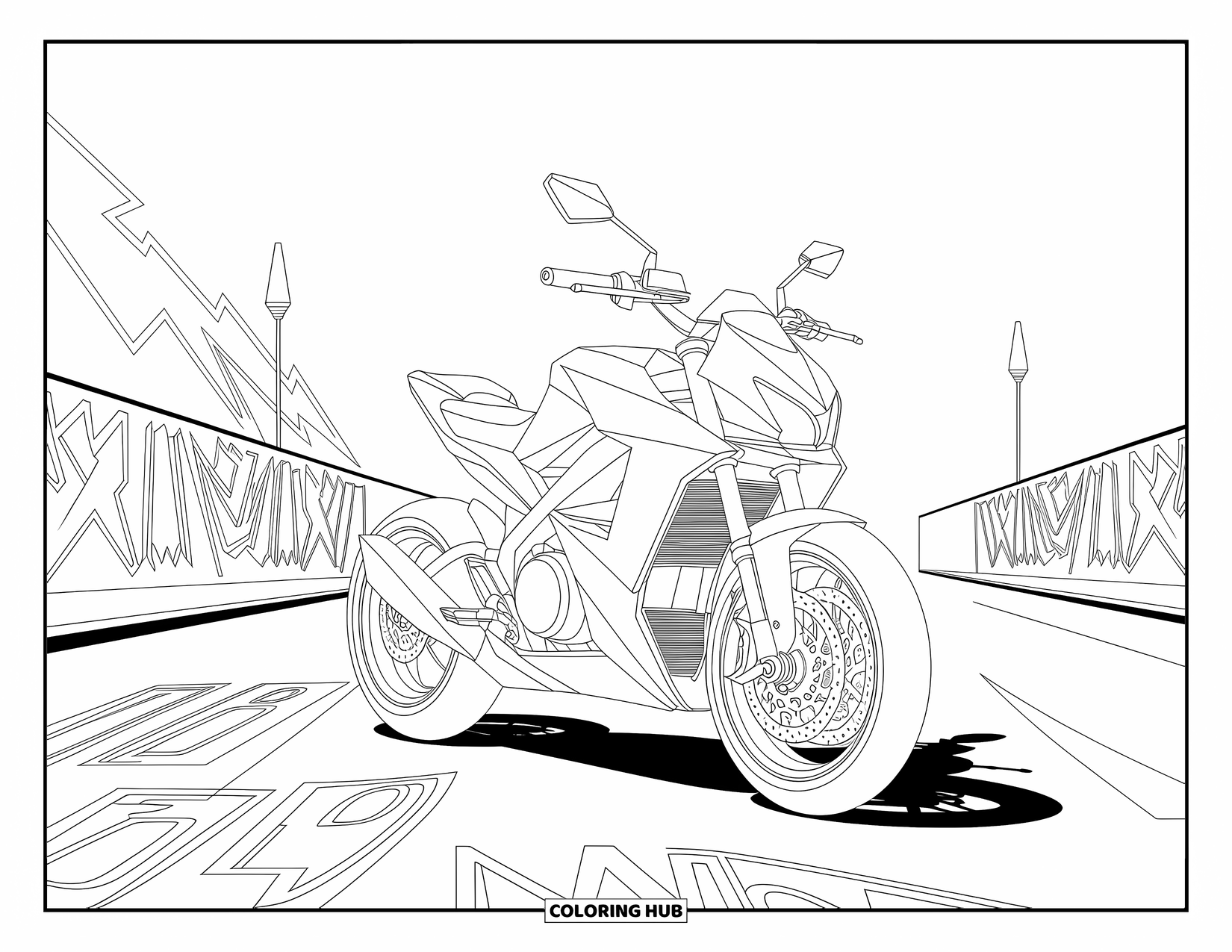 Desenho de Moto para Colorir para Crianças: Uma moto de rua afiada está contra marcações de estrada estilo grafite e designs urbanos