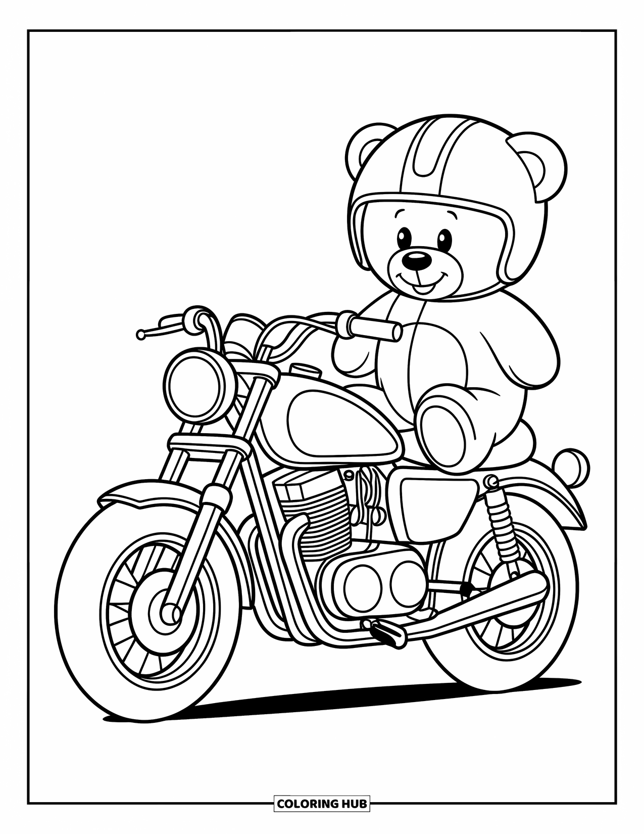 Desenho de Moto para Colorir para Crianças: Uma moto brilhante segura um ursinho de pelúcia fofo com um capacete no assento