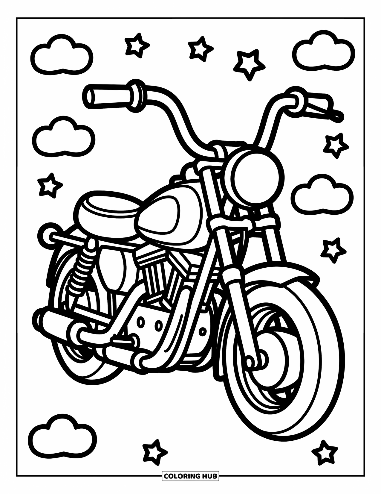 Desenho de Moto para Colorir para Crianças: Uma moto de vista lateral com guidões grandes e um grande farol