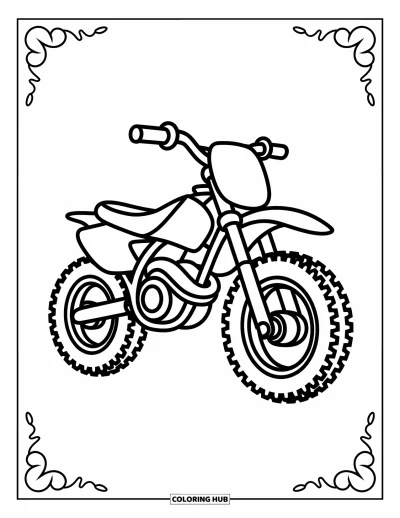 Desenho de moto para colorir para crianças: Uma moto de trilha simples com pneus grandes, em estilo com contornos limpos e marcantes sobre fundo branco