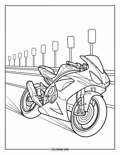 Desenho de moto para colorir para crianças: Uma moto elegante corre por uma rodovia, cercada por curvas amplas da estrada e marcos quilométricos