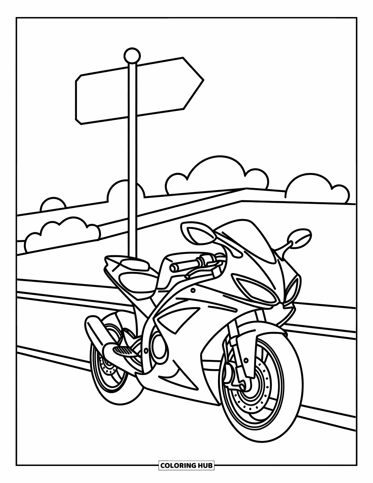 Desenho de Moto para Colorir para Crianças: Uma moto preta e elegante está estacionada em uma estrada, seus contornos limpos e marcantes se destacando contra um fundo branco