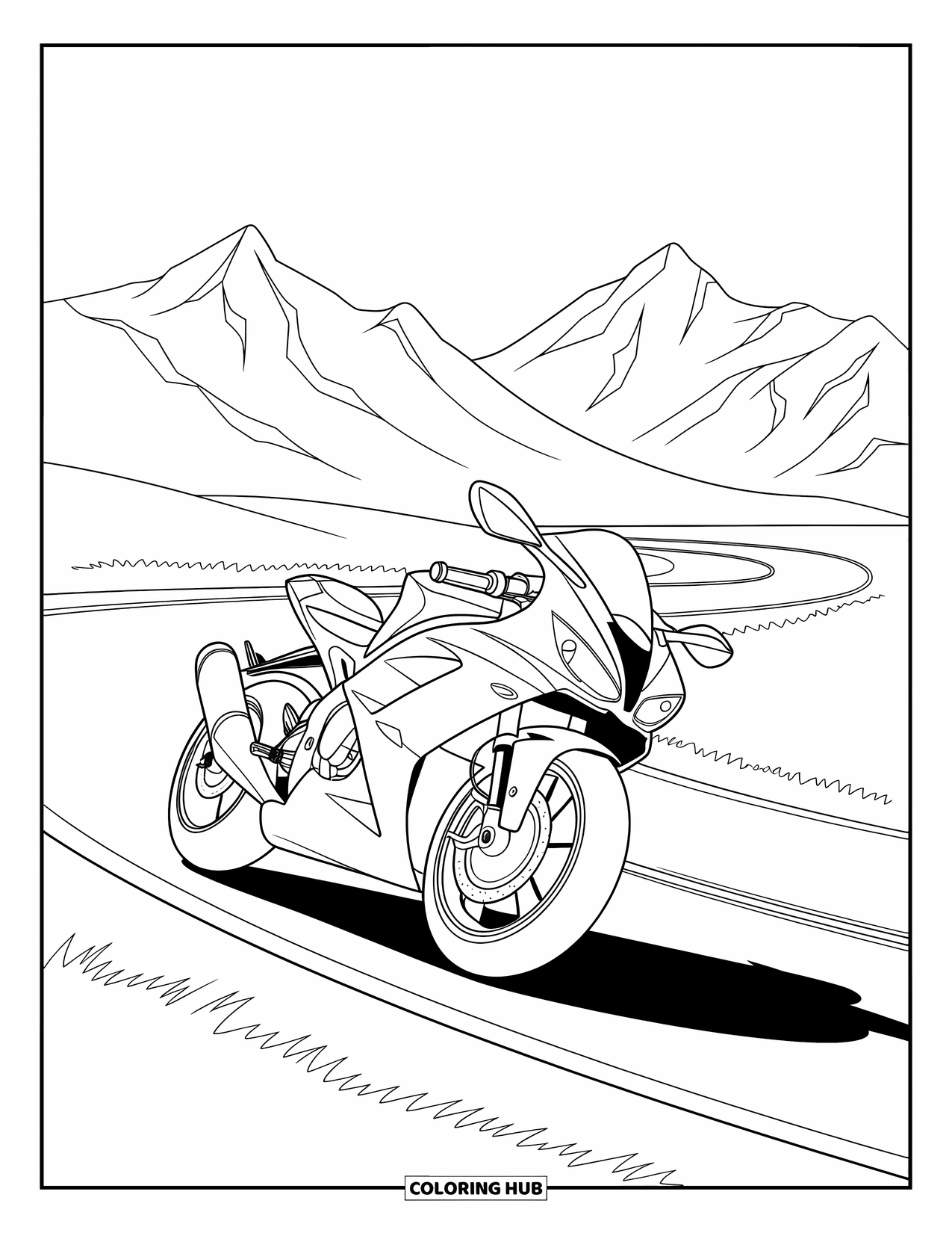 Desenho de Moto para Colorir para Crianças: Uma moto elegante faz curvas ao longo da estrada com montanhas se elevando à distância