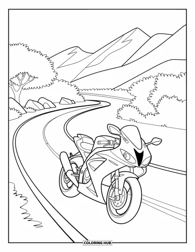 Desenho de moto para colorir para crianças: Uma motocicleta elegante desliza por uma estrada sinuosa com árvores e montanhas ao redor