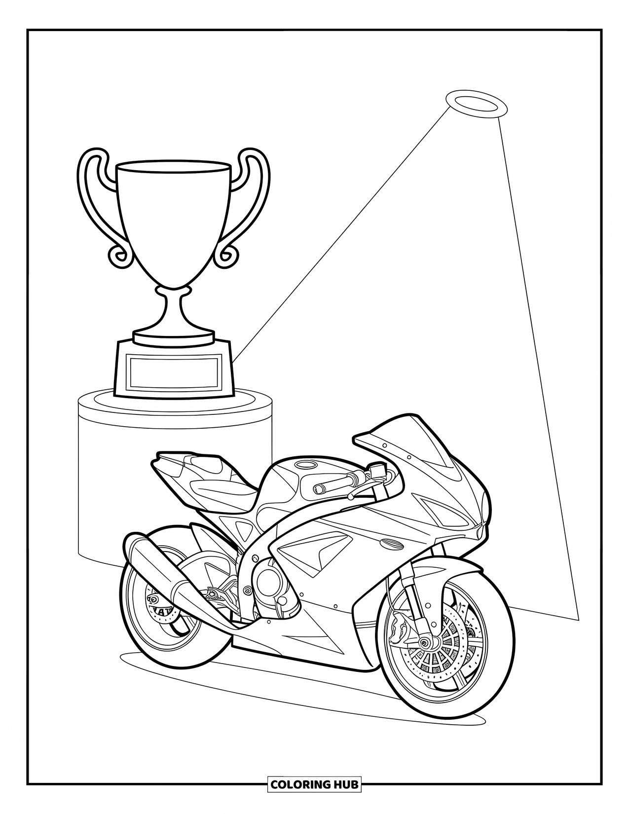 Desenho de Moto para Colorir para Crianças: Uma moto elegante repousa perto de um troféu alto, pronta para celebrar a vitória