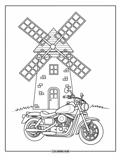 Desenho de moto para colorir para crianças: Uma motocicleta elegante descansa perto de um moinho de vento com pás girando de leve