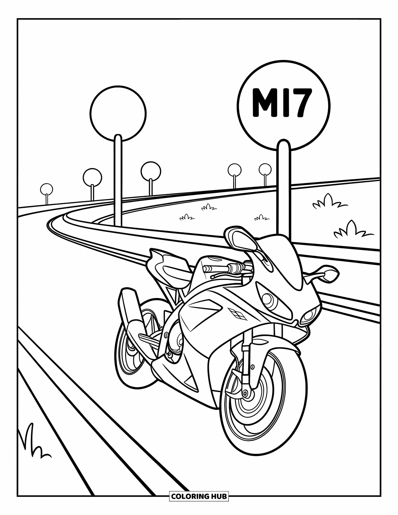 Desenho de Moto para Colorir para Crianças: Uma moto elegante anda por uma rodovia com marcos miliares se estendendo para a distância