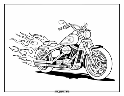 Desenho de moto para colorir para crianças: Uma motocicleta elegante com chamas dinâmicas atravessa a cena com detalhes expressivos