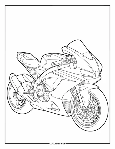 Desenho de moto para colorir para crianças: Uma motocicleta elegante com engrenagens e canos aparentes se destaca com formas limpas