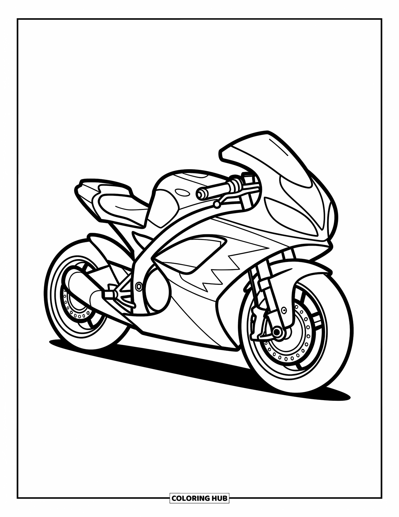 Desenho de Moto para Colorir para Crianças: Uma moto elegante com ziguezagues divertidos está pronta para a diversão pré-escolar