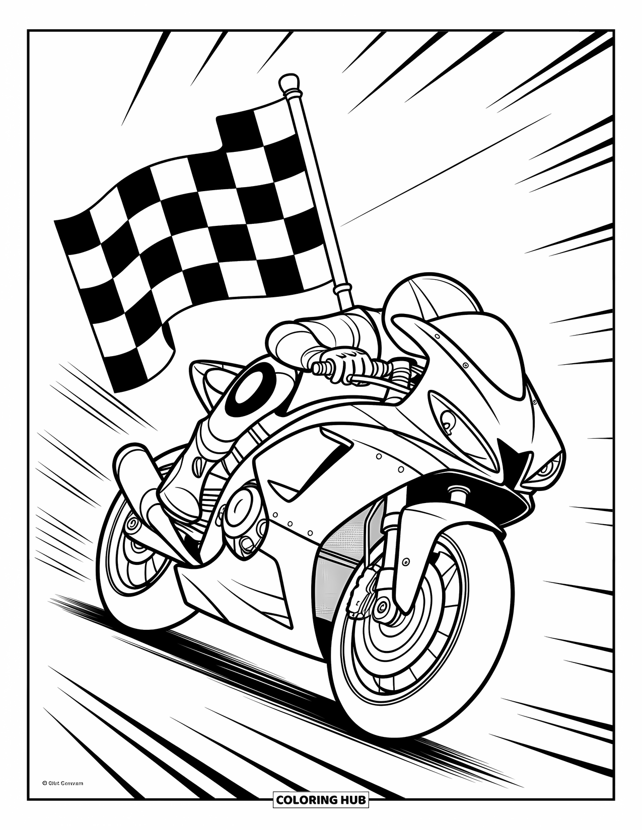Desenho de Moto para Colorir para Crianças: Uma moto elegante acelera para frente com linhas de movimento e uma bandeira de vitória atrás