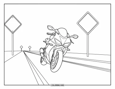 Desenho de moto para colorir para crianças: Uma motocicleta elegante acelera por uma rodovia reta com placas de trânsito ao longo da via