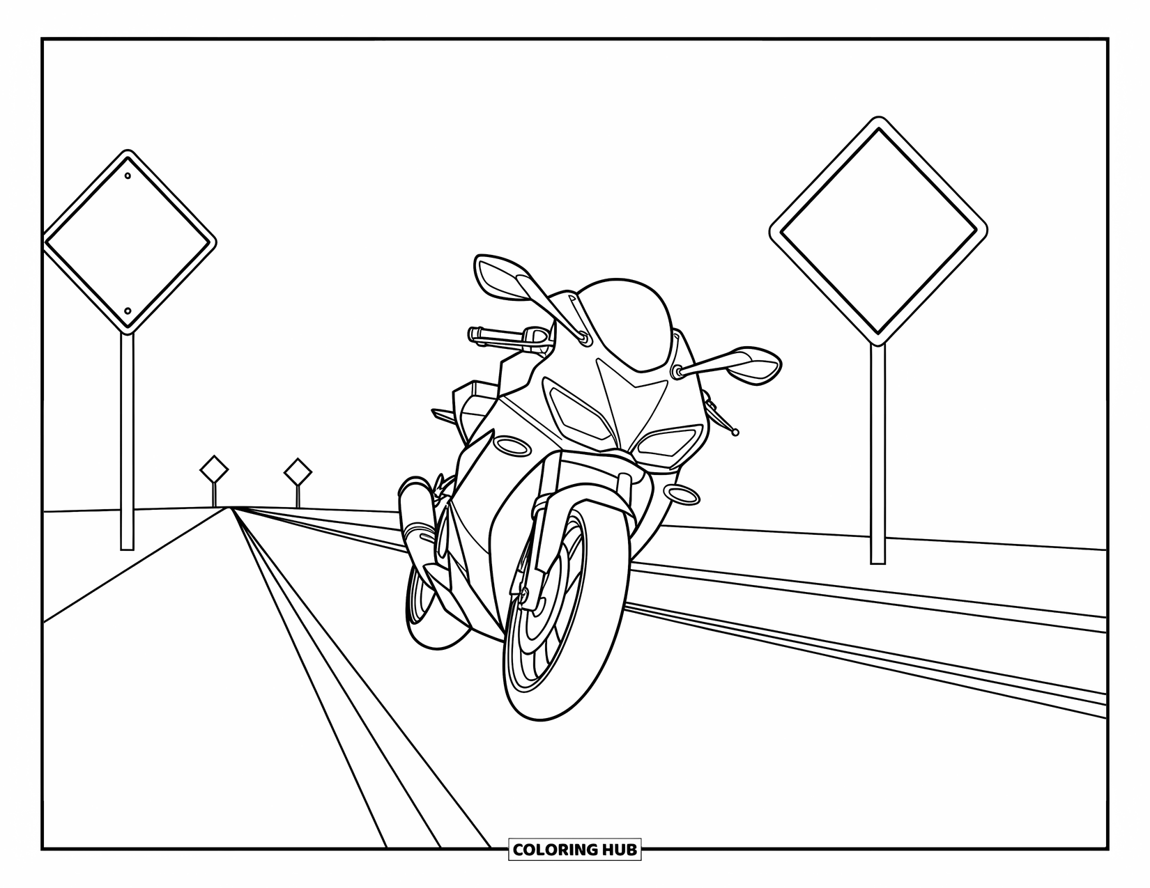 Desenho de Moto para Colorir para Crianças: Uma moto elegante acelera por uma rodovia reta com placas de trânsito ao longo da estrada