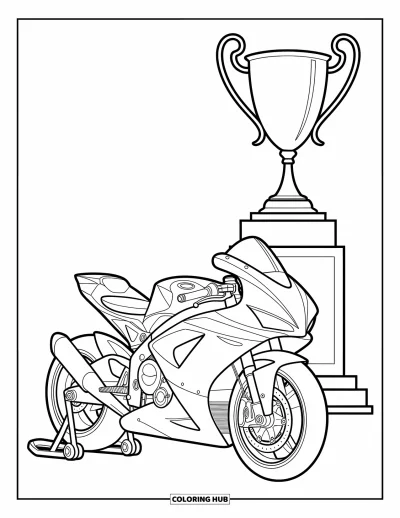 Desenho de moto para colorir para crianças: Uma motocicleta esportiva brilha ao lado de um troféu, transmitindo emoção e conquista