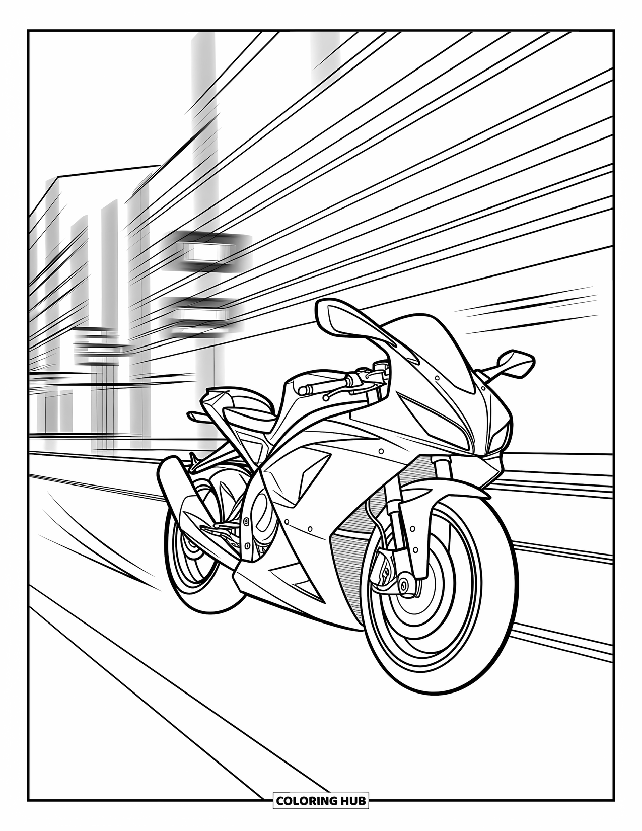 Desenho de Moto para Colorir para Crianças: Uma moto esportiva se inclina em uma curva em uma rua movimentada da cidade