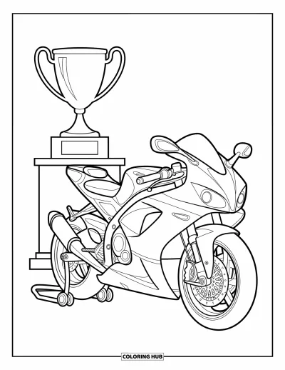 Desenho de moto para colorir para crianças: Uma motocicleta esportiva está ao lado de um grande troféu em um pedestal