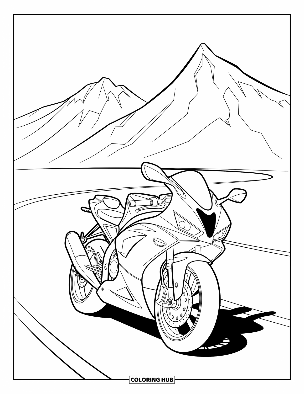 Desenho de Moto para Colorir para Crianças: Uma moto esportiva anda em uma estrada curva com montanhas tocando as nuvens