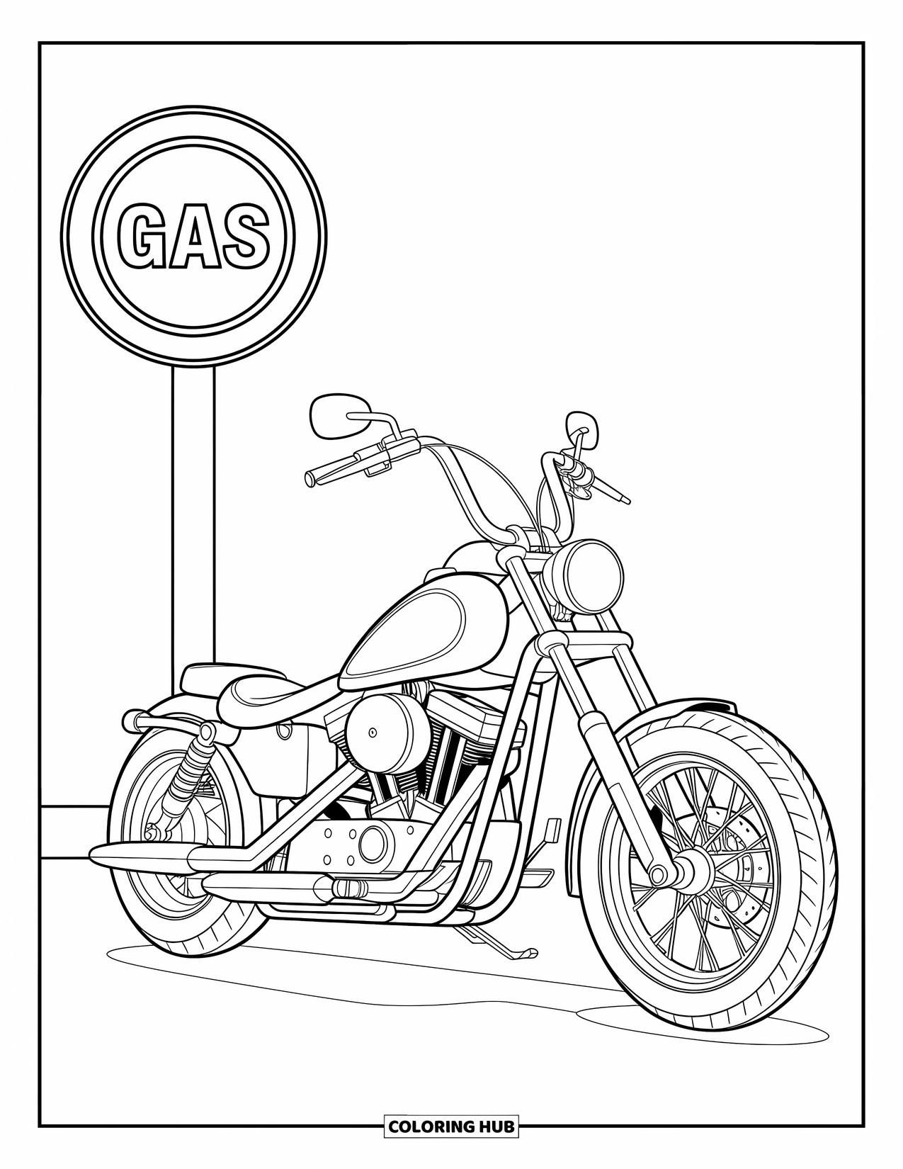 Desenho de Moto para Colorir para Crianças: Uma moto chopper robusta está ao lado de uma placa de posto de gasolina alegre