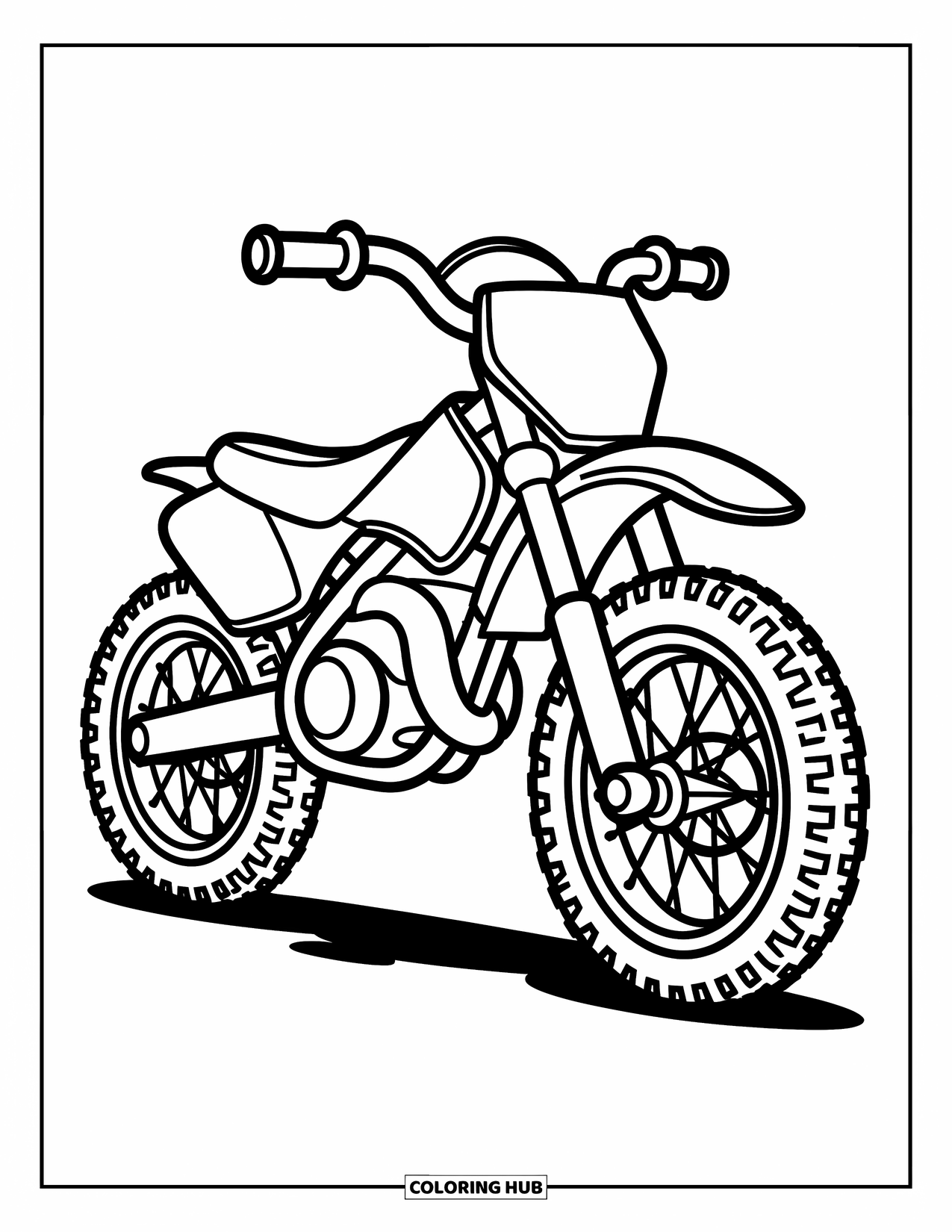 Desenho de Moto para Colorir para Crianças: Em um estilo de ilustração em preto e branco com contornos limpos e marcantes, uma moto de cross simples com pneus grandes se destaca em um fundo branco