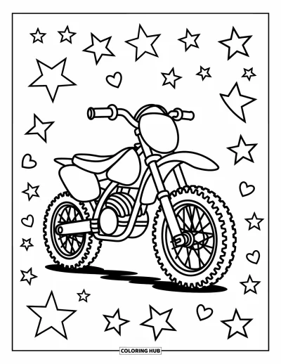 Desenho de moto para colorir para crianças: Em estilo de ilustração, uma moto de trilha simples com pneus grandes se destaca em fundo branco, cercada por elementos desenhados à mão que criam uma cena divertida