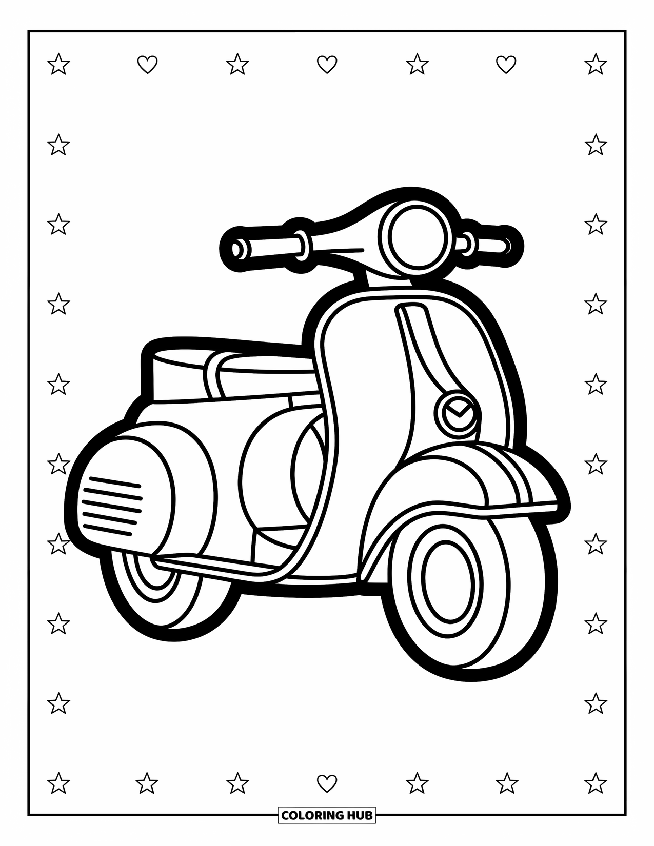 Desenho de Moto para Colorir para Crianças: Em um estilo de ilustração com contornos limpos e marcantes, uma moto estilo scooter com pneus grandes e grandes linhas curvas ocupa o centro do palco em um fundo branco