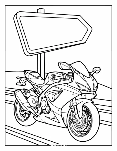 Desenho de moto para colorir para crianças: Em um estilo de ilustração com contornos limpos e marcantes, uma motocicleta elegante está estacionada na estrada, com linhas nítidas e convidativas sobre fundo branco