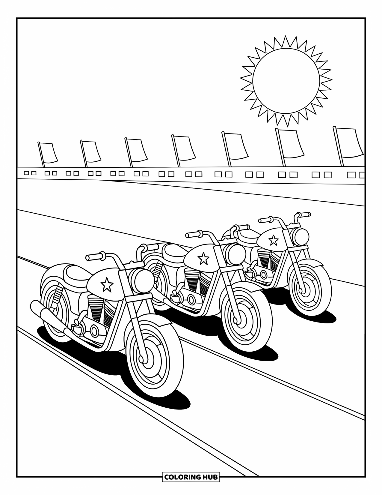 Desenho de Moto para Colorir para Crianças: Três motos se alinham no início de uma pista de corrida com bandeiras quadriculadas próximas
