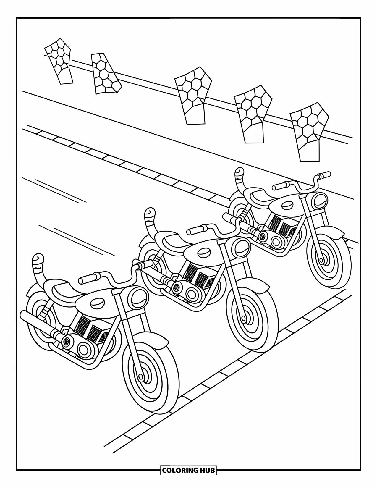 Desenho de Moto para Colorir para Crianças: Três motos divertidas esperam na linha de partida com espectadores torcendo ao redor