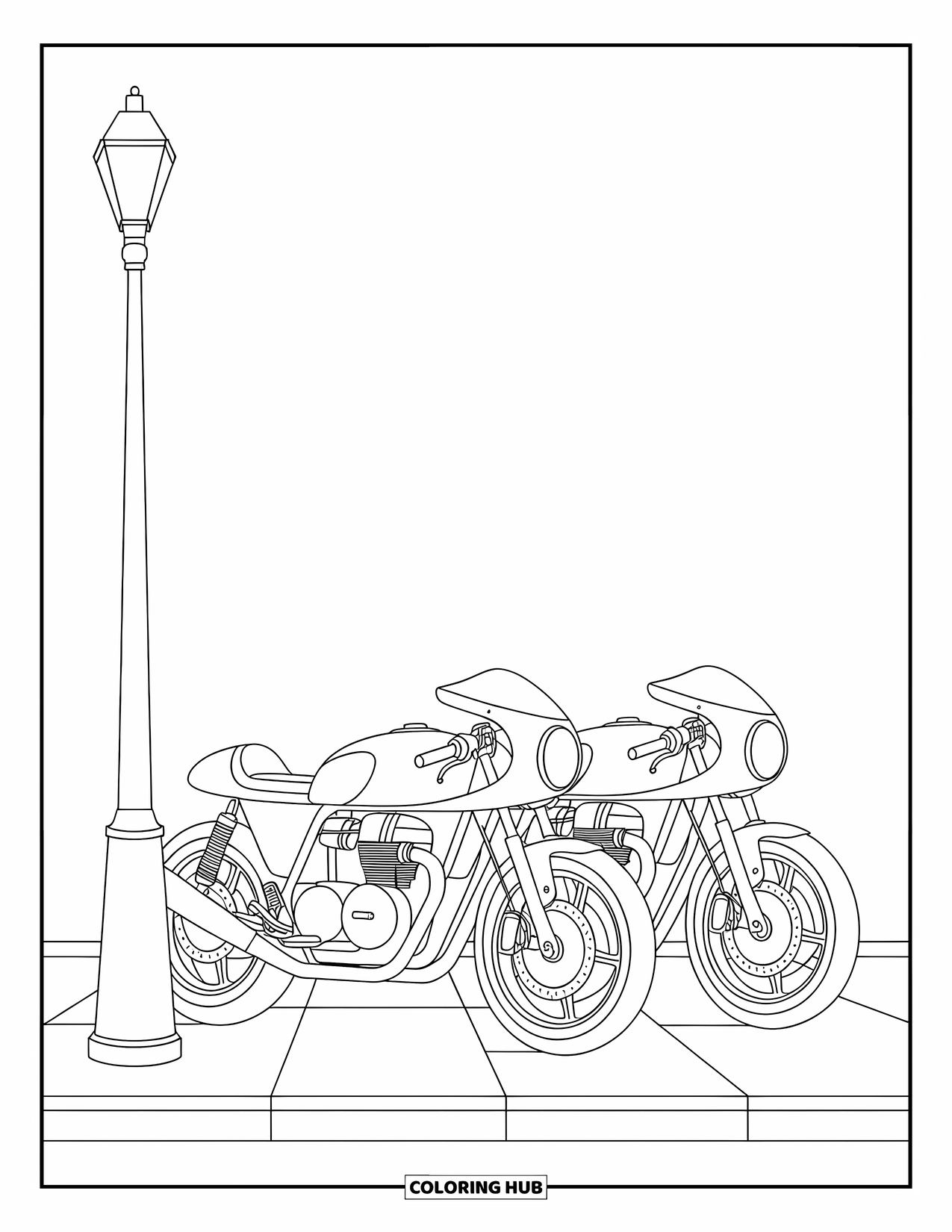 Desenho de Moto para Colorir para Crianças: Duas motos cafe racer estacionadas ordenadamente perto de um poste de luz