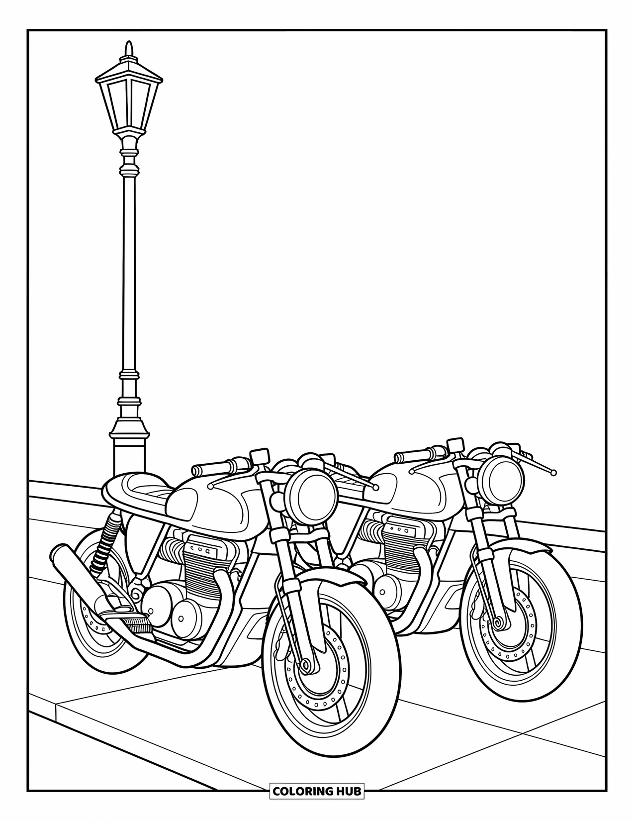 Desenho de Moto para Colorir para Crianças: Duas motos cafe racer estacionadas ao lado de um poste de luz aconchegante