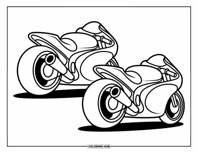 Desenho de moto para colorir para crianças: Duas alegres motocicletas de corrida com curvas amplas e design simples estão prontas para rodar