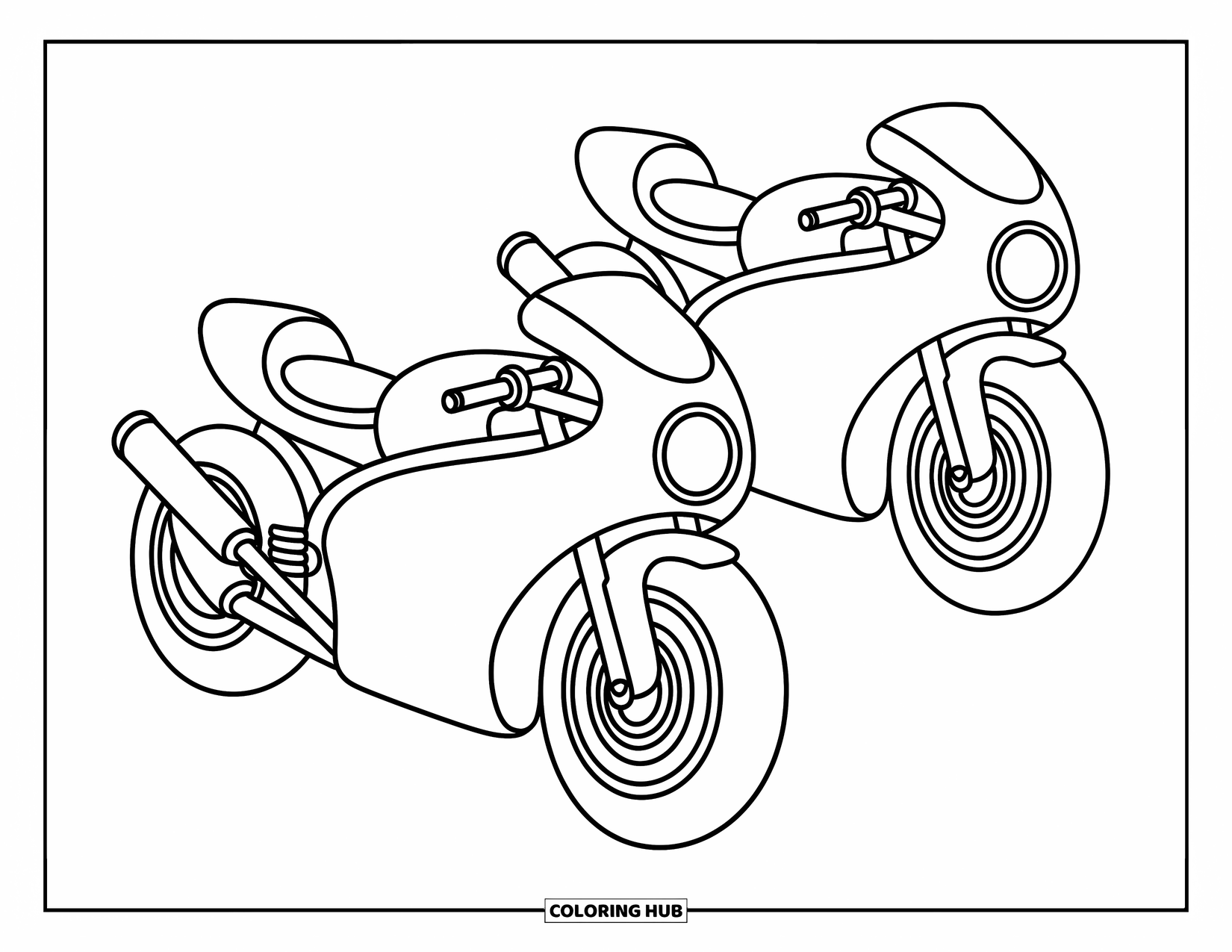 Desenho de Moto para Colorir para Crianças: Duas motos de corrida com formas divertidas e guidões grandes convidam à imaginação lúdica