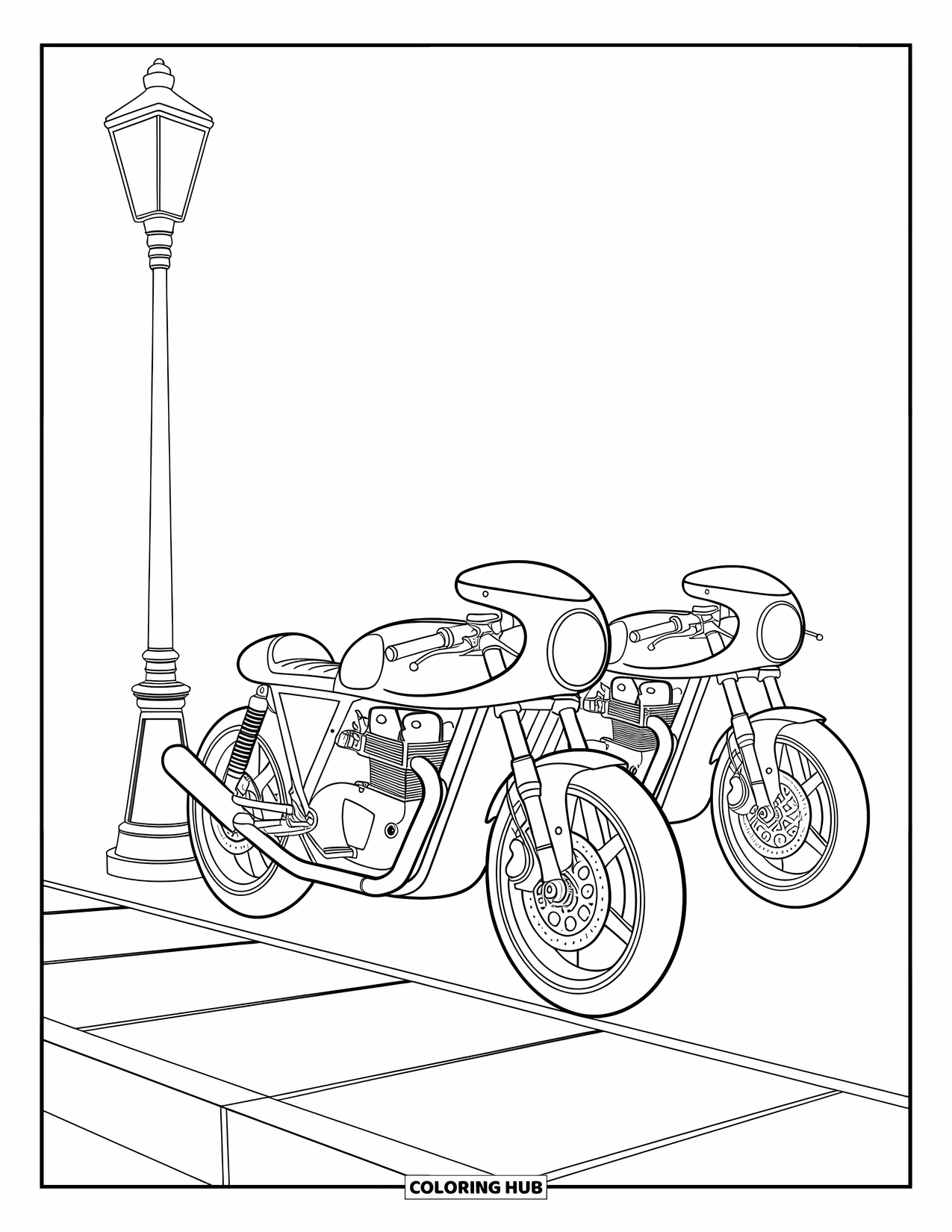 Desenho de Moto para Colorir para Crianças: Duas motos cafe racer estilosas com capacetes pendurados nos guidões