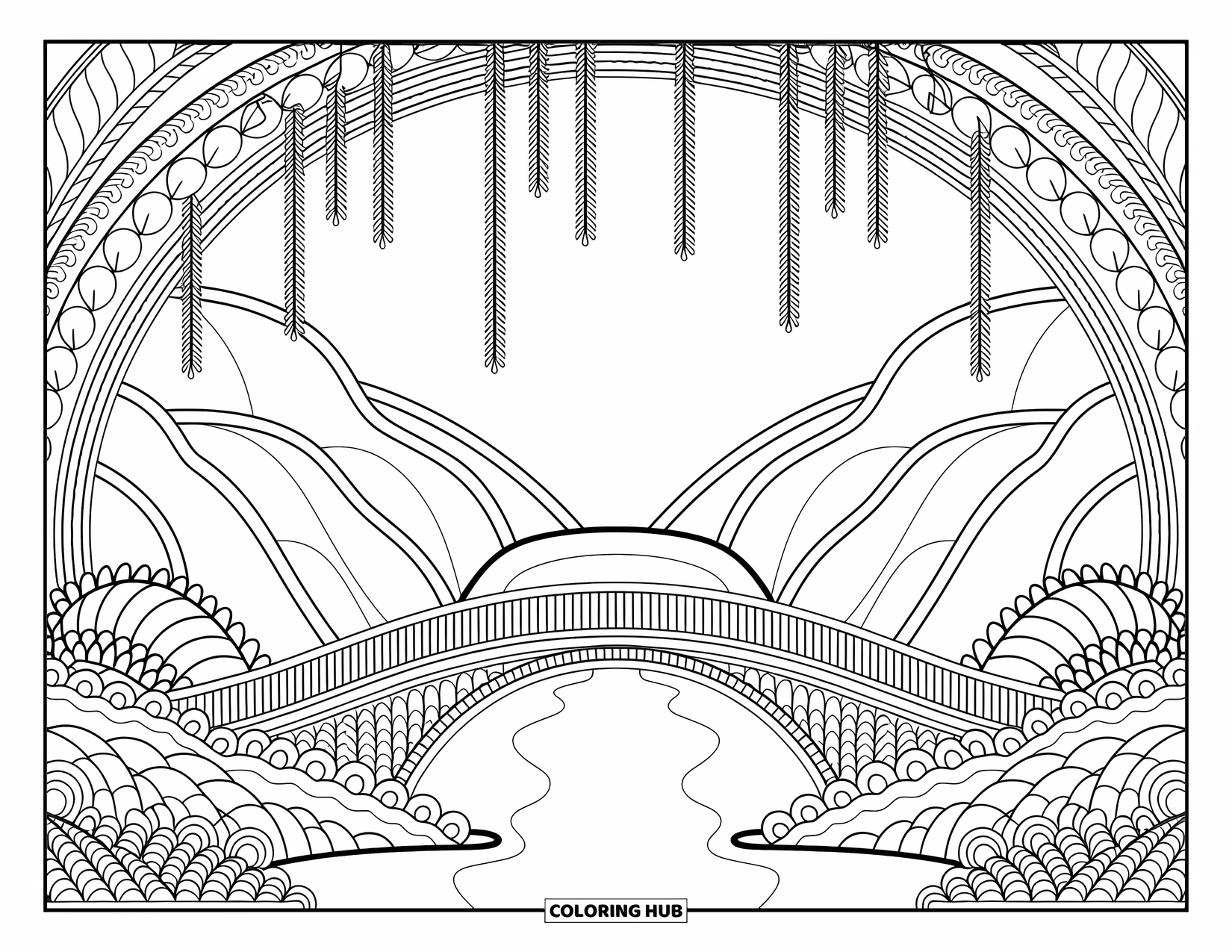 Mountain Coloring Page for Adults: A bridge over a river between mountains with hanging vines